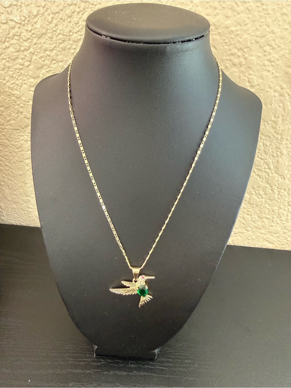 Gold Hummingbird Pendant Necklace with Green Gemstone set
